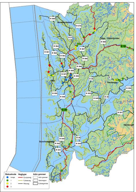 Figur 26. Oversikt over lokaliteter som er undersøkt i Hordaland.