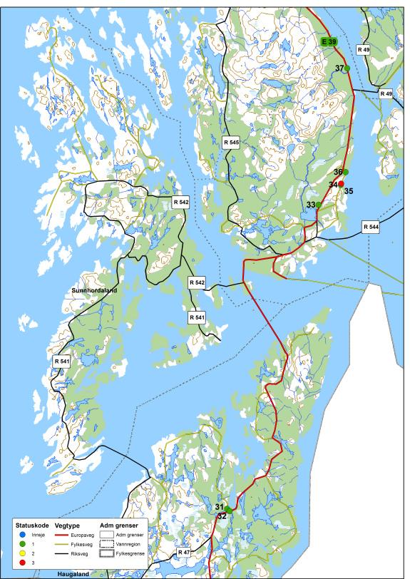 Figur 27. Utvalg av lokaliteter som er undersøkt i Hordaland.