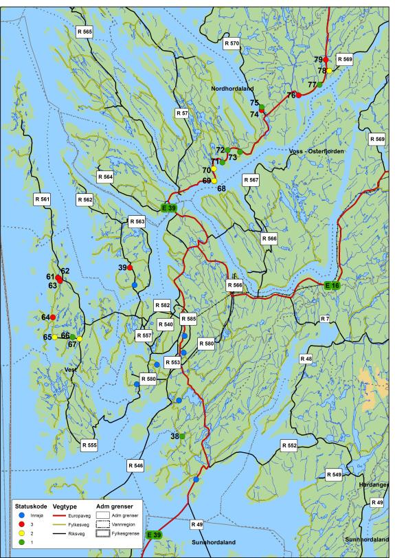 Figur 28 Utvalg av lokaliteter som er undersøkt i Hordaland.