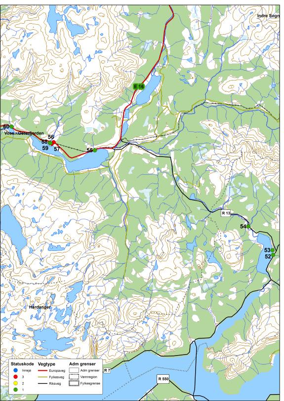 Figur 30. Utvalg av lokaliteter som er undersøkt i Hordaland.