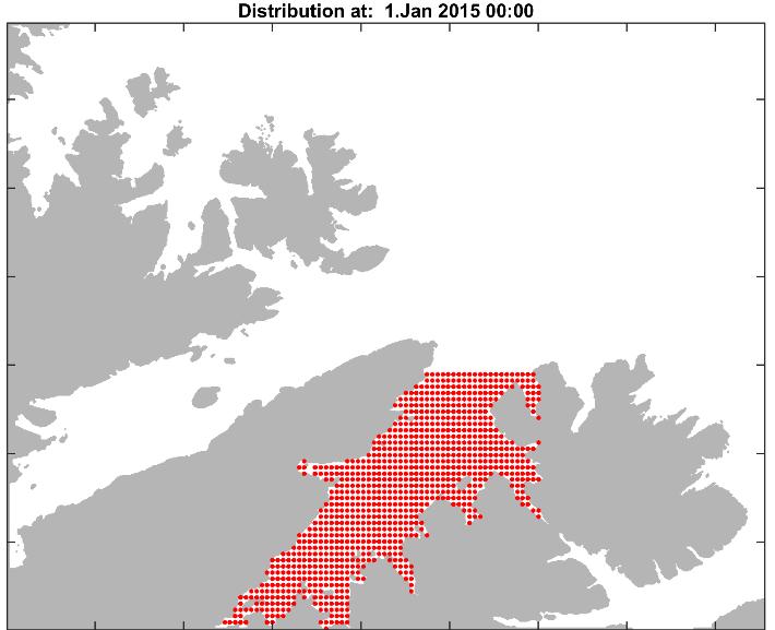 3.4.1 Laksefjord Figur 10. Simulering av residenstid for hele Laksefjorden. Til venstre vises startfeltet med partikler, og til høyre er den vertikale fordelingen av partiklene. Vi slapp ut i hver 6.