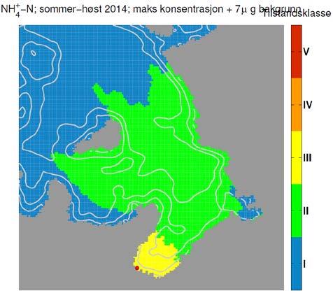 Figur 21 Tilstandsklassifisering basert på simulert overflatekonsentrasjon av oppløst NH 4-N for Friarfjorden og Ifjorden.