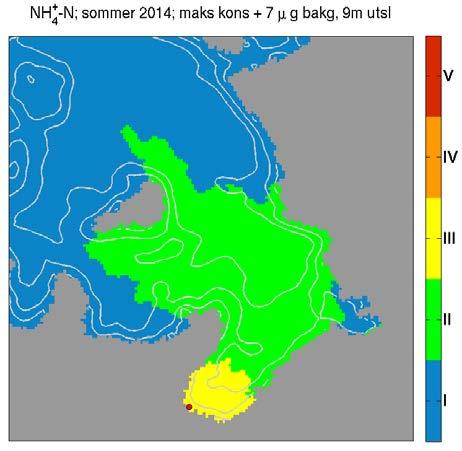 Figur B4. Tilstandsklassifisering av vannkvaliteten basert på simulert overflatekonsentrasjon av oppløst NH 4- N for Friarfjorden og Ifjorden.