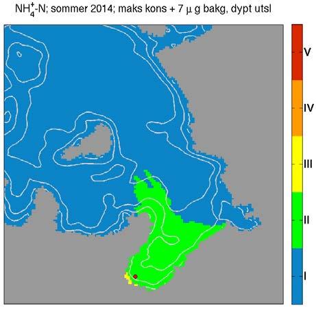 Tilstandsklassifiseringen er basert på den maksimale simulerte overflatekonsentrasjonen gjennom den gjeldende perioden (1. juli til 3. august). De grå kurvene er 10, 20, 50 og 100 m dybdekoter.