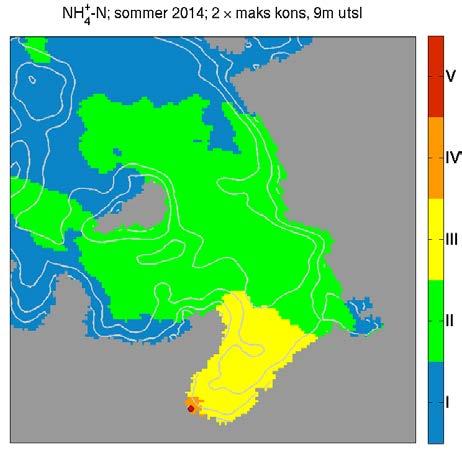 Figur B6. Tilstandsklassifisering av vannkvaliteten basert på simulert overflatekonsentrasjon av oppløst NH 4- N for Friarfjorden og Ifjorden.