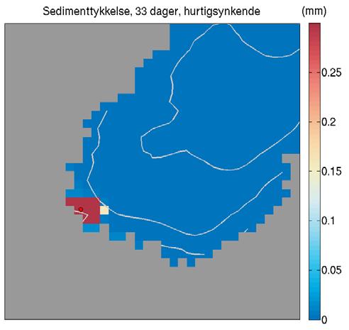 Figur B8. Sammenligning av simulert spredning av hurtigsynkende organisk materiale fra utslipp på 9 m dyp (til venstre) og 29 m dyp (til høyre).