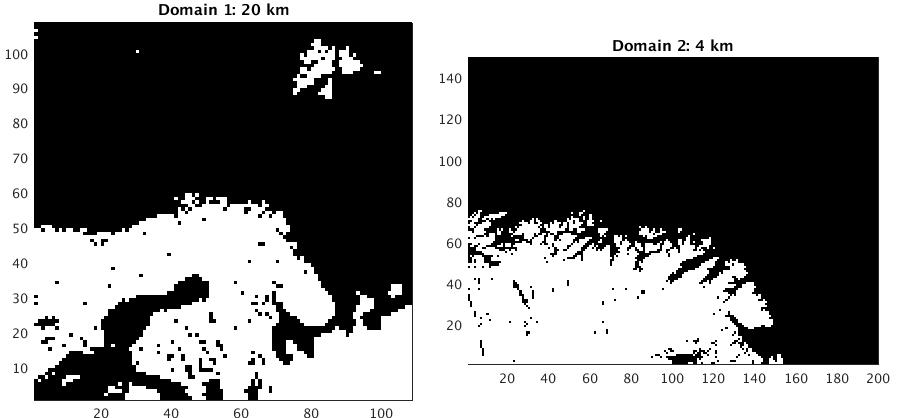 WRF modellområder brukt til å simulere atmosfæriske drivkrefter til SINMOD.