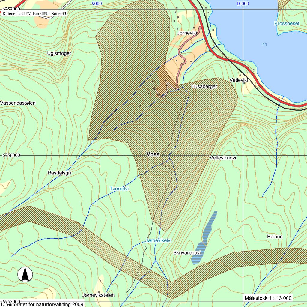 Figur 7. Brun skravering viser vinterbeiteområde og trekkvei for hjort (Naturbase: http://dnweb12.dirnat.no/nbinnsyn/.