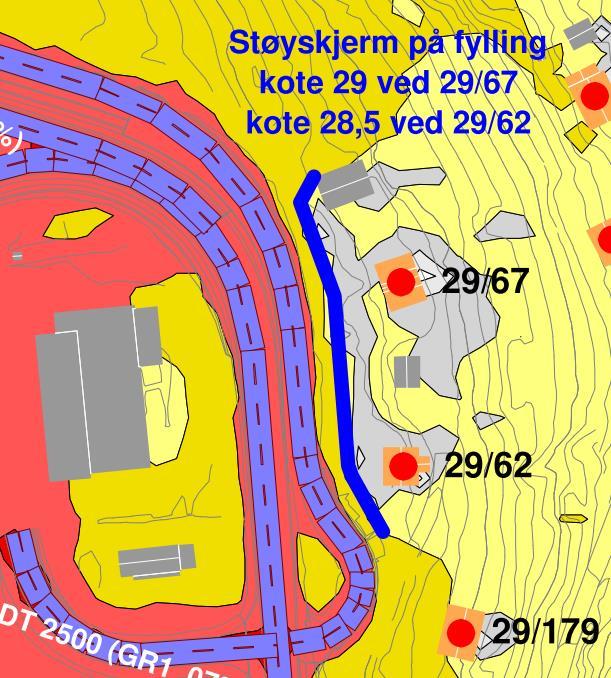 Skjermen vil gi støynivå på uteområde under/rundt Lden 55 db, samt redusere støynivå på fasade. Omtrentlig utstrekning er vist i Figur 6.