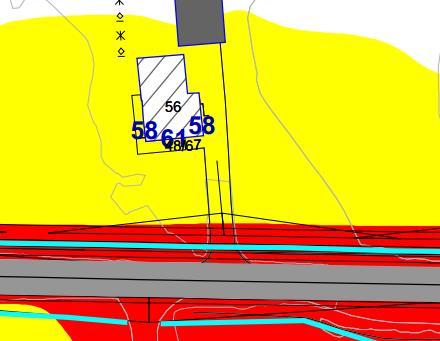 Situasjon 3c 60 km/t 64,1 65,6 FIGUR 45 Det har vært vurdert en 31 m lang skjerm med høyde 2,5 m langs veg.