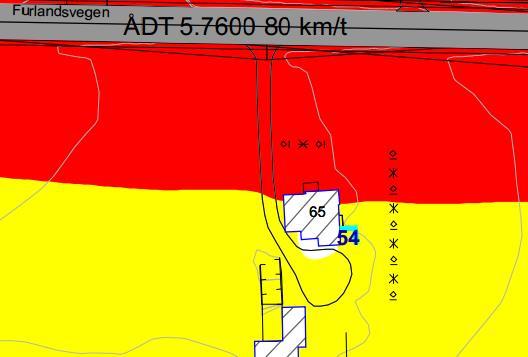 Skjermdemping rundt: -4,9 db, skjerm ikke effektiv. Målet om utendørs støynivå på 1. etg. og høyere etg. oppfylles ikke med 2,5 m høy støyskjerm ved boligene.