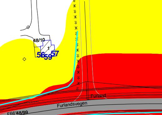 Situasjon 3 64,3 66,5 Situasjon 3, skjermet 59,5 64,3 FIGUR 110 Oversikt av skjermet situasjon, fasadenivåer (L den).