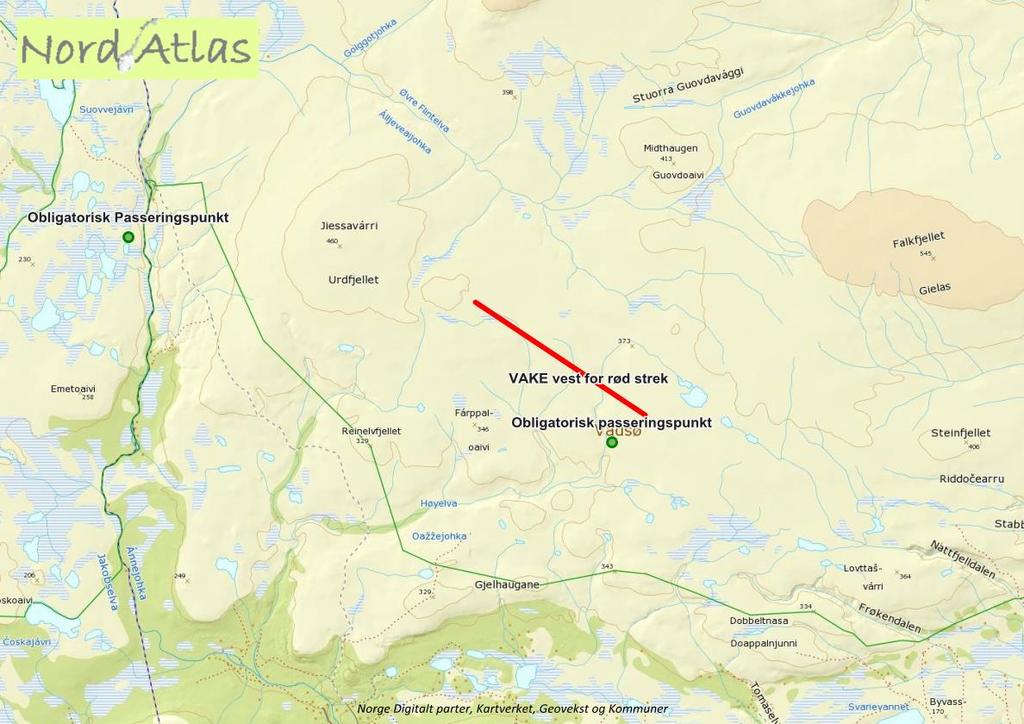 Kart som viser to obligatoriske passeringspunkt mellom Bergeby, Teodorvatn og Vargelvskardet, samt grense merket med rød strek som angir