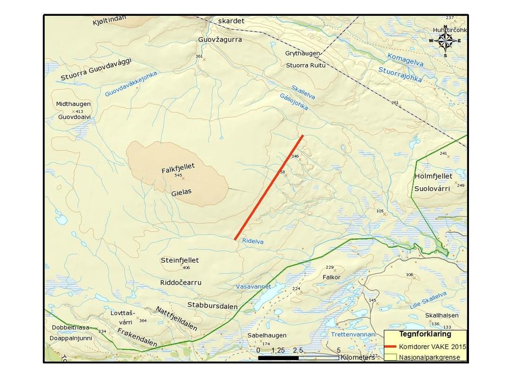 Kart som viser grensen for kiting (rød strek) mot sør og øst i Falkefjell-området mellom Vadsø og Komagvær.