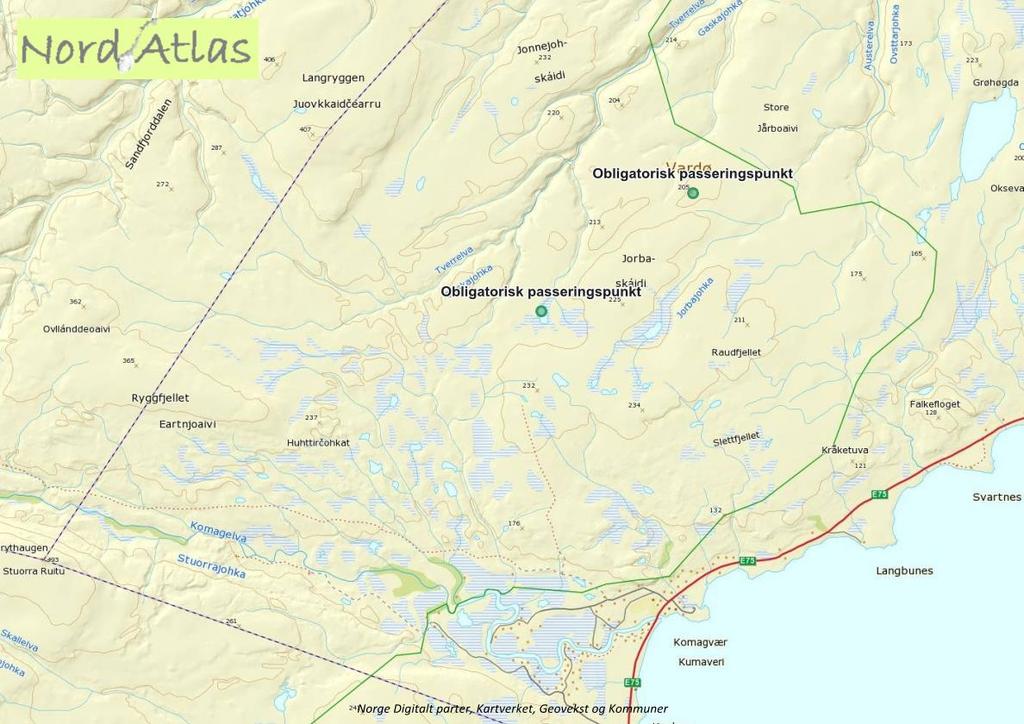 Kart som viser de to obligatoriske passeringspunktene (grønne prikker) mellom Lemetjavri og Høyde 205 m.o.h.