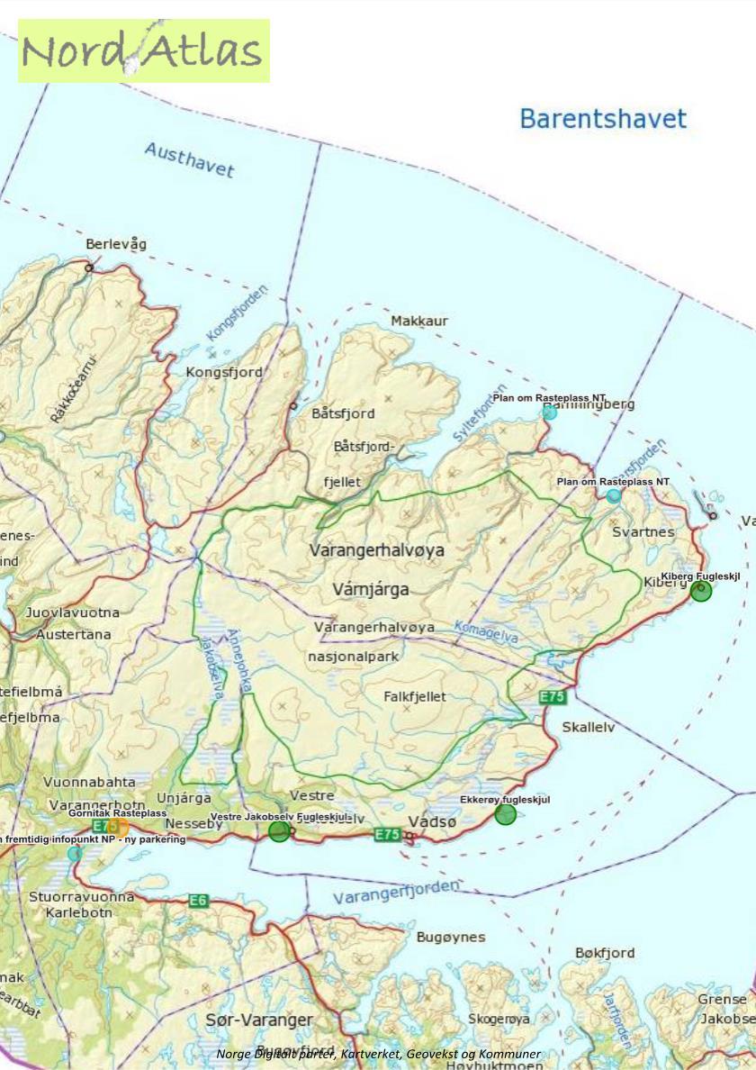 Punktbeskrivelse: Grønn - Etablerte skjul klar for oppsett av infomateriell per juni 2017 Oransj - Etablert rasteplass mulighet for