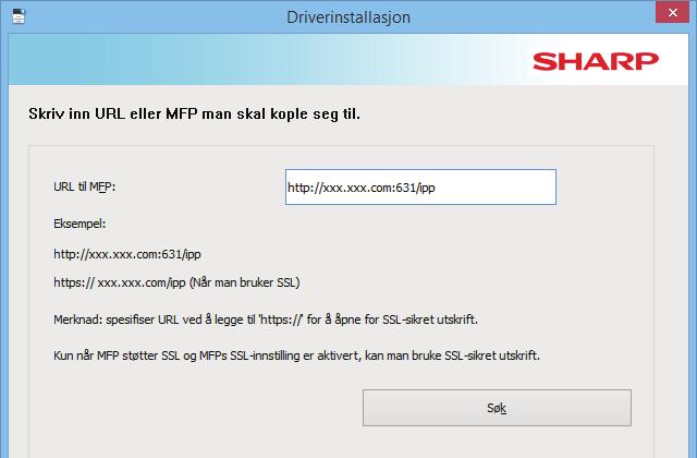 1 Når du blir spurt om hvordan skriveren er tilkoblet, velger du [Bruk en IPP- eller IPPS-port] og klikker deretter på [Neste]-knappen.