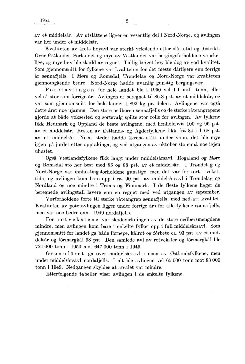 1951. 2 av et middelsår. Av utslåttene ligger en vesentlig del i Nord-Norge, og avlingen var her under et middelsår. Kvaliteten av årets høyavl var sterkt vekslende etter slåttetid og distrikt.