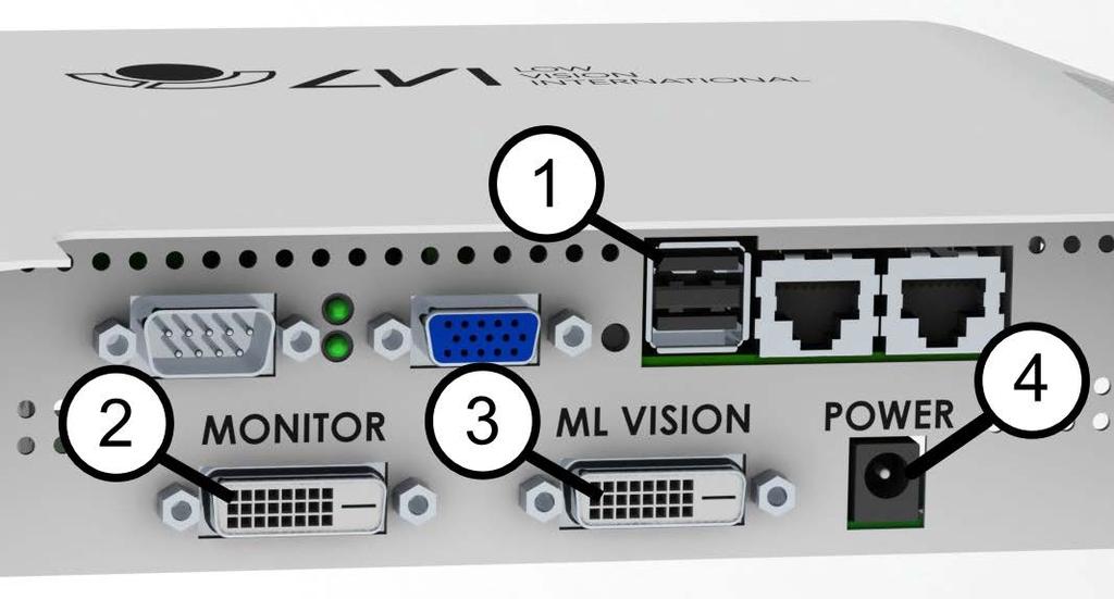 5.3 Installasjon 1. Koble de to USB-kablene fra Vision-enheten til USB-kontaktene på TTS-enheten. 2. Koble DVI-kabelen merket med MONITOR til DVI-kontakten merket med MONITOR. 3.