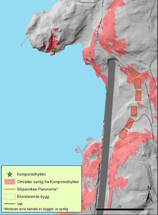 Komponisthytten Beskrivelse av tiltaket: Landskapsformer og silhuett Uten vegetasjon vil øvre halvdel av nesten alle bygg være synlige fra Komponisthytten.