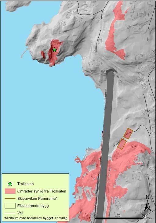 Troldsalen Beskrivelse av tiltaket: Landskapsformer og silhuett Uten vegetasjon vil øvre halvdel av bygg B3b og B3c være synlige fra Griegs villa, men byggene vil ikke bryte silhuettlinjen.