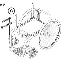 Rammen kan forlenges framover med 2,5 eller 5 cm for en mer stabil stol og for å forenkle transfer D Rammevinkel front se tegning 3 vinkel mellom rammen og underlaget E Ramme innsving se tegning 1