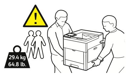 Vedlikehold 8. Lås opp og demonter det valgfrie 550-arks magasinet før du flytter skriveren, hvis dette er installert. 9. Løft og bær skriveren som vist på bildet.