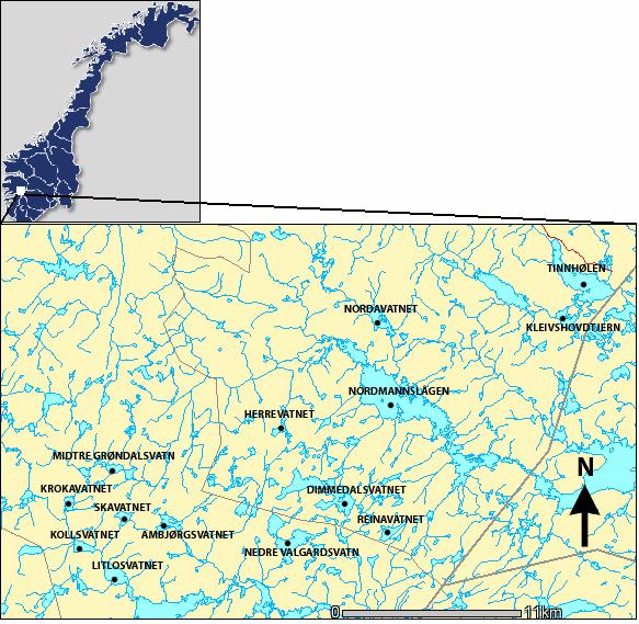 Figur 1. Oversiktskart over lokalitetene (Kartet er hentet fra Norges Vassdrag og Energidirektorat (NVE) sine hjemmesider, www.nve.no).