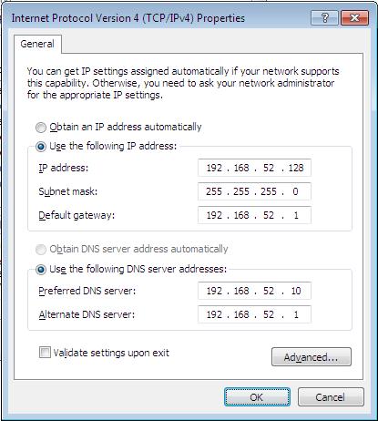 til de adressene du bruker: IP-adresse: 192.168.52.128 Subnetmaske: 255.255.255.0 Default gateway: 192.168.52.1 (ruter i VirtualBox) DNS-tjenere: 192.168.52.10 (Preferred DNS server) (DNS tjener på tjenermaskinen) 192.