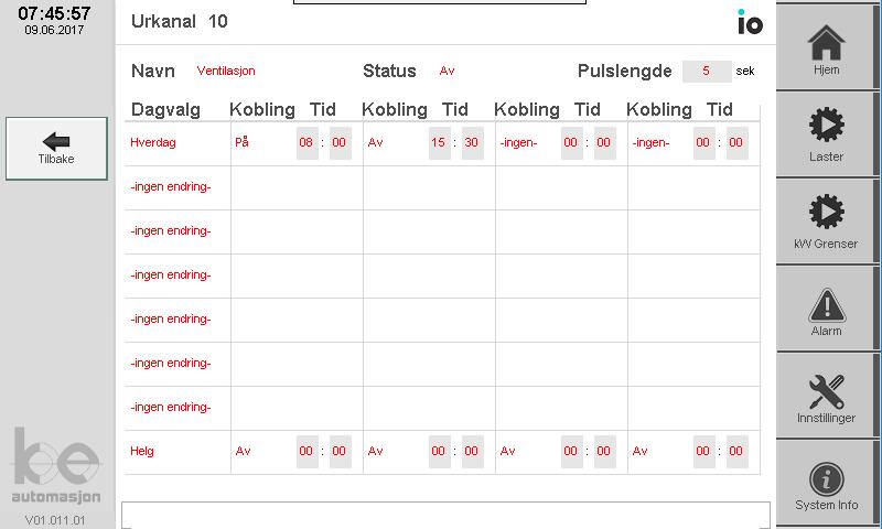 S i d e 13 Urkanal konfigurering Modus Navn Beskrivelse Viser urkanal beskrivelse, trykk på tekst for å endre Status På Av -ingen- Viser urkanal status, trykk på status mode for å overstyre status