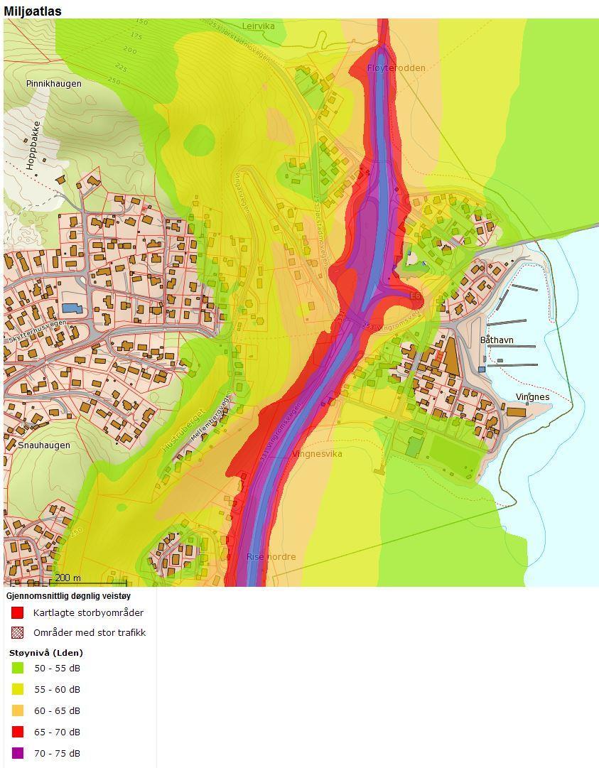 Kartlagt støy av eksisterende E6 (Gult og grønt er definert som gul støysone.