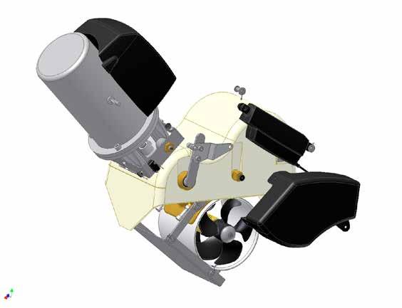 Loosen actuator from front mounting point and carefully swing the retracting unit out of hull (people outside hull recommended to control moving part of thruster) Mount the hatch to the retract