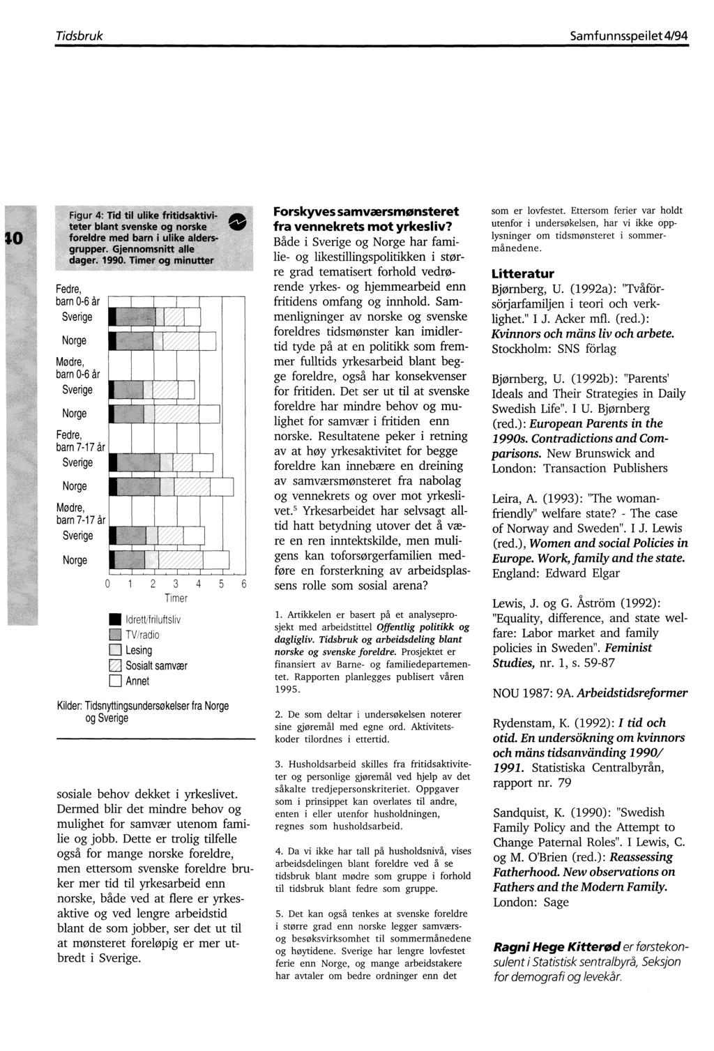 Tidsbruk Samfunnsspeilet 4/94 Figur 4: Tid til ulike fritidsaktiviteter blant svenske og norske foreldre med barn i ulike aldersgrupper. Gjennomsnitt alle dager. 1990.