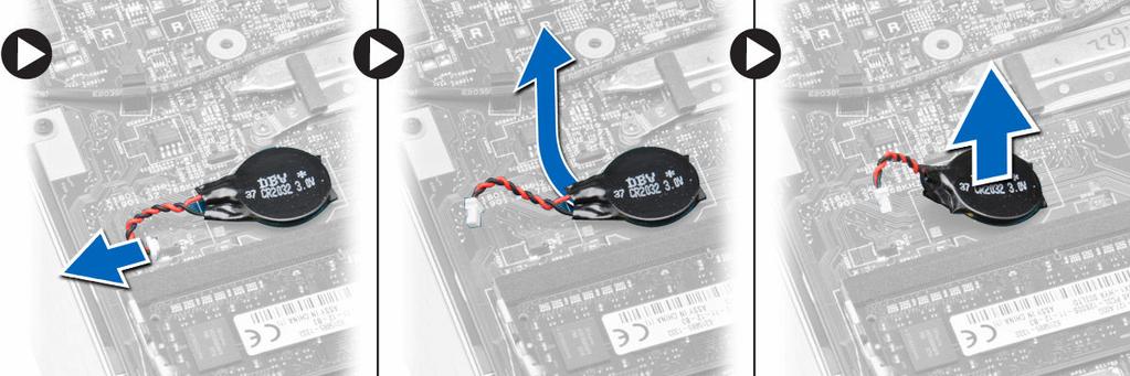 Ta ut klokkebatteriet 1. Følg prosedyren i Før du arbeider inne i datamaskinen. 2. Ta av: a. batteri b. bunndeksel 3. Slik tar du ut knappcellebatteriet: a.