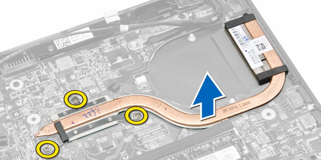 Løsne festeskruene som fester varmeavlederen til datamaskinen, og løft varmeavlederen vekk fra datamaskinen.