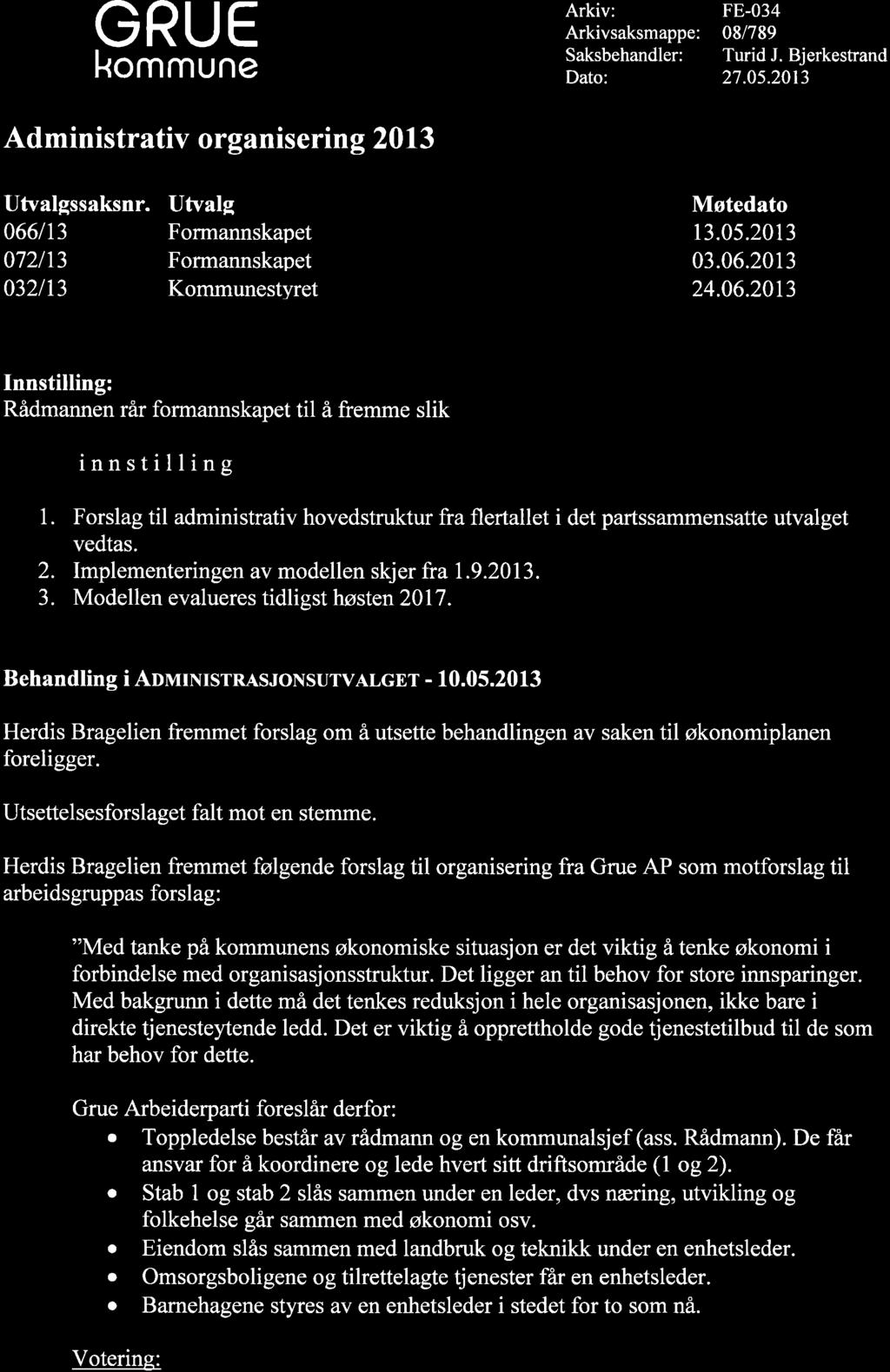 GRUE kommune Administrativ organisering 2013 Arkiv: Arkivsaksmappe: Saksbehandler: Dato: FE-034 08/789 Turid J. Bjerkestrand 27.0s.2013 Utvalgssaksnr. Utvalg Møtedato 066113 Formannskapet 13.05.