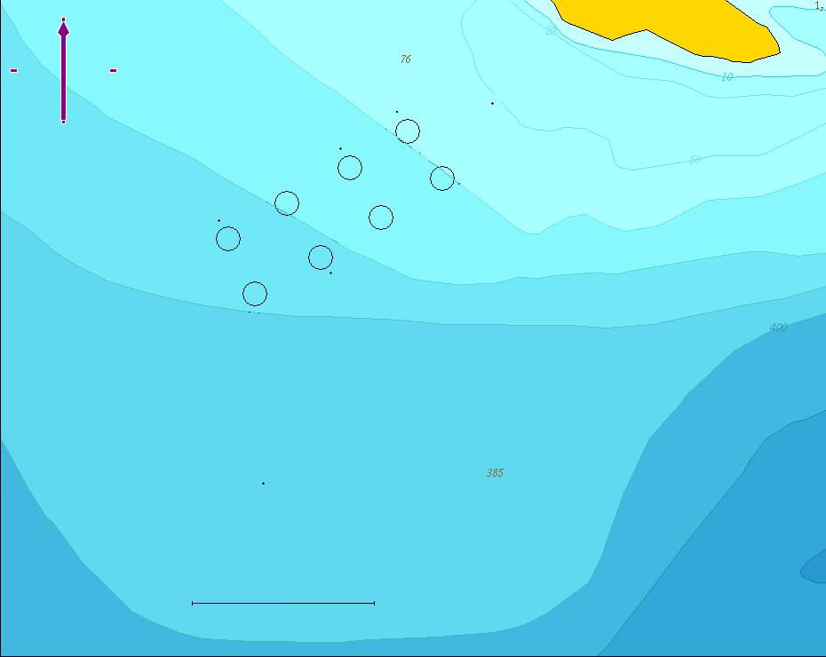 Herøy 1 x Flåte 50 m x x 100 m 200 m 300 m 400 m 500 m Herøy 2 250 m 600 m Figur 2.3. Detaljskisse over lokaliteten med stasjonen inntegnet. Eksakt plassering av stasjonen er gitt i Tabell 2.1. Plassering av anlegget er markert som svart ringer.