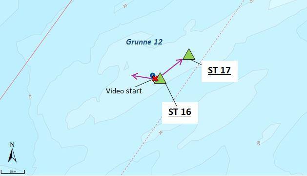 Det var ikke mulig å få tak i sediment med prøvetakeren. Figur A-10 Grunne 11. Ingen sedimentprøver. Lilla linjer viser omtrentlig videofilmet område. Kilde kartgrunnlag: Statens kartverk).