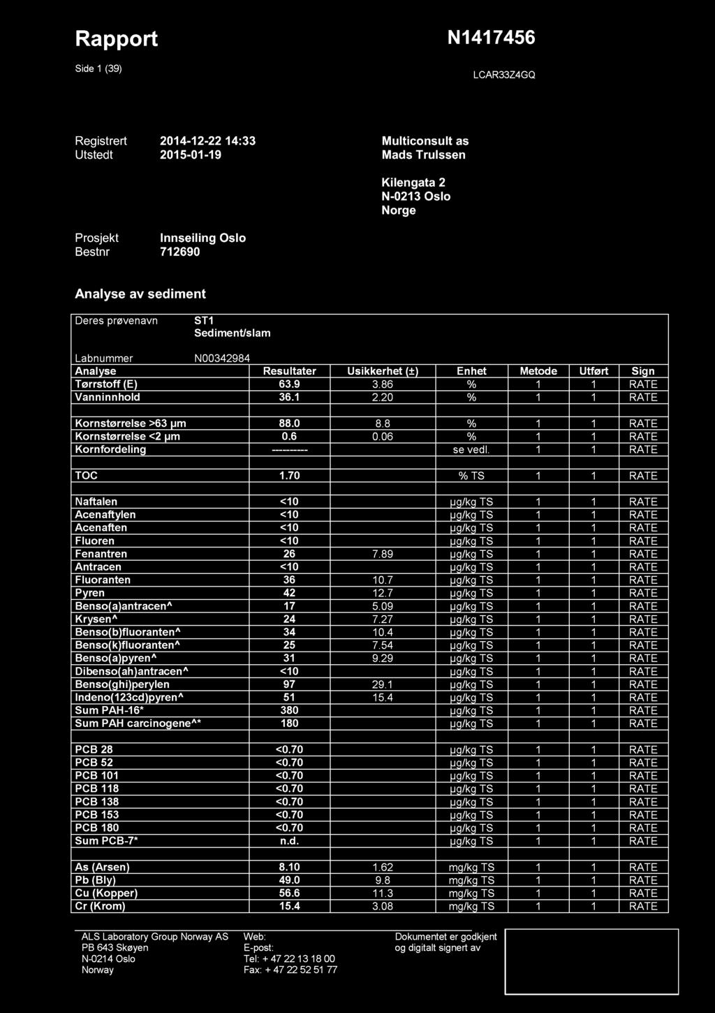 Rappo rt Side 1 39) N1417456 LCAR33Z4GQ Registrert 2014-12-22 14:33 Multiconsult as Utstedt 2015-01-19 Mads Trulssen Prosjekt Inn seili ng Osl o Bestnr 712690 Kile ngata 2 N-0213 Oslo Norge Analyse