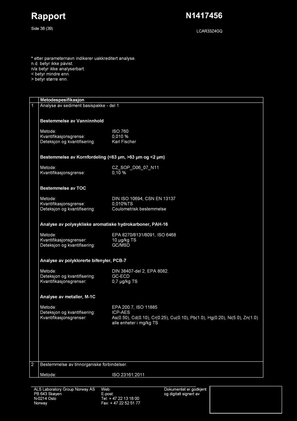 Rappo rt Side 38 39) N1417456 LCAR33Z4GQ * etter parameternavn indikerer uakkreditert analyse. n.d. betyr ikke påvist. n/a betyr ikke analyserbart. < betyr mindre enn. > betyr større enn.