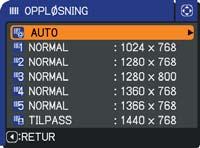 KILDE-meny Punkt OPPLØSNING Beskrivelse Oppløsningen for COMPUTER IN1 og COMPUTER IN2- kildesignaler kan innstilles på denne prosjektøren.
