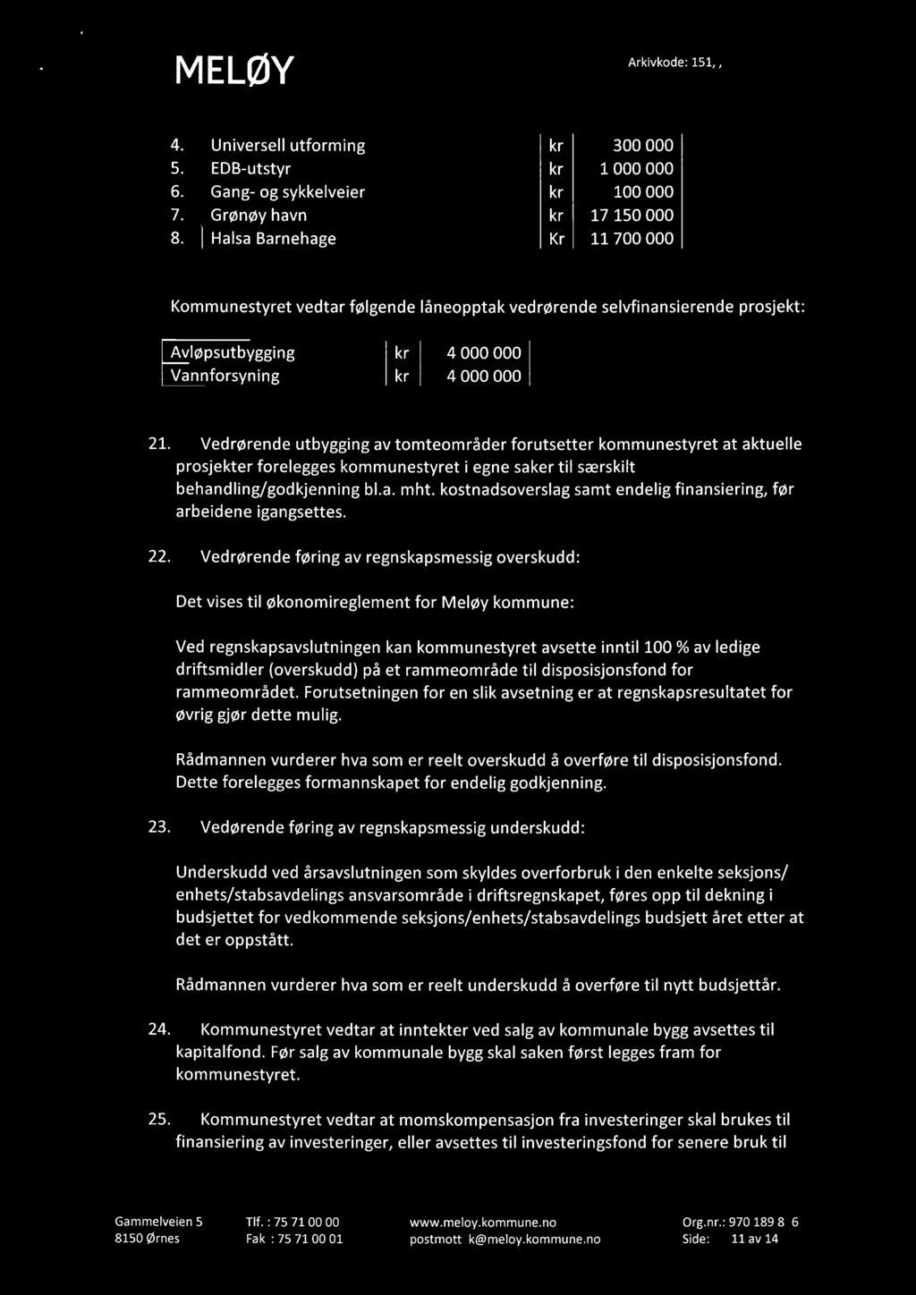 Universell utforming kr 300 000 EDB-utstyr kr 1 000 000 Gang- og sykkelveier kr 100 000 Grønøy havn kr 17 150 000 Halsa Barnehage Kr 11 700 000 Kommunestyret vedtar følgende låneopptak vedrørende