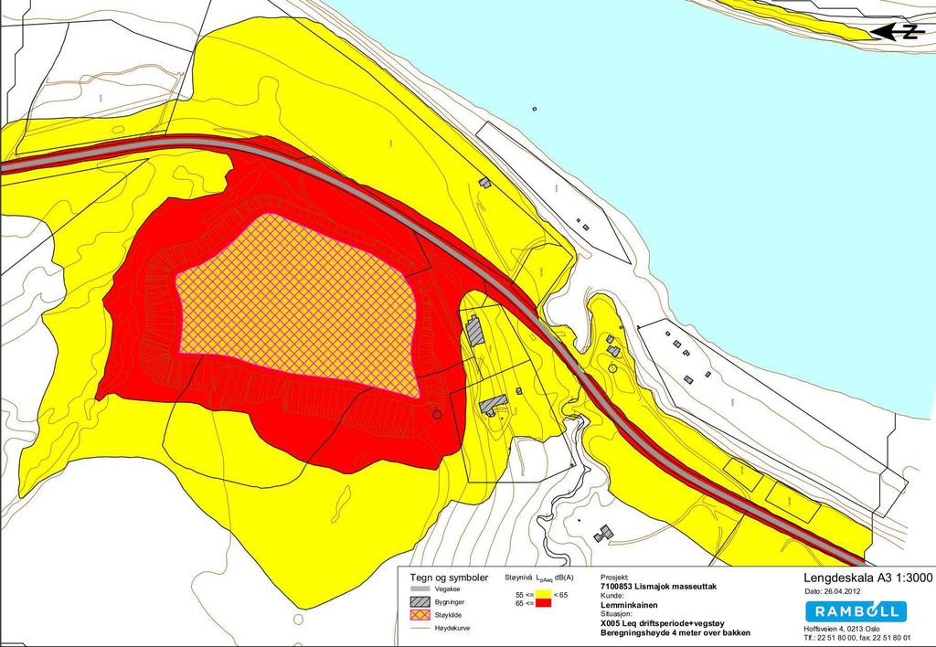 DETALJREGULERING FOR LIŠMMAJOHKA MASSETAK 22 Støyrapporten viser at støy lokalt vil kunne påvirke omkringliggende bebyggelse, og det ble kartlagt at noen få eksisterende bygninger ligger innenfor gul