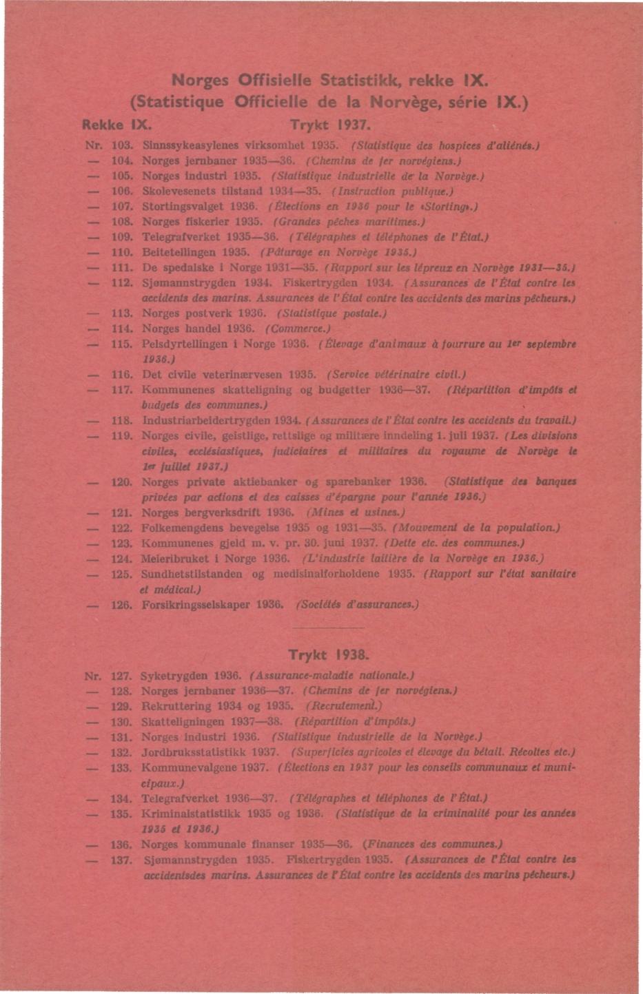 Norges Offisielle Statistikk, rekke IX. (Statistique Officielle de la Norvège, série IX.) Rekke IX. Trykt 937. N 03. Sinnssykeasylenes virksomhet 935. (Statistique des hospices d'aliénés.) 04.