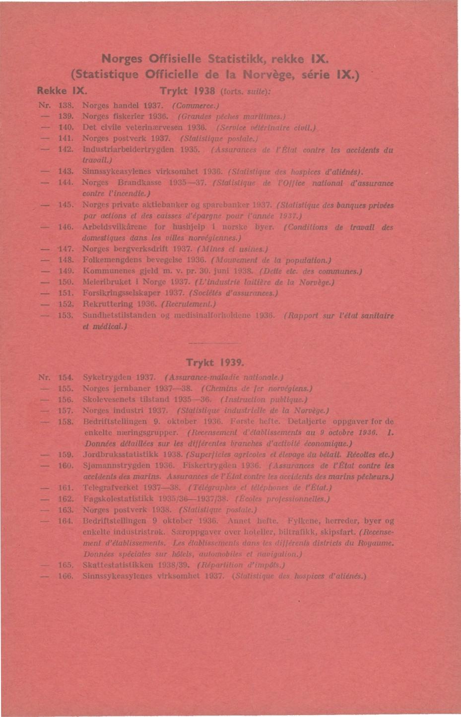 Norges Offisielle Statistikk, rekke IX. (Statistique Officielle de la Norvège, série IX.) Rekke IX. Trykt 938 (forts. suite): N 38. Norges handel 937. (Commerce.) 39. Norges fiskerier 936.