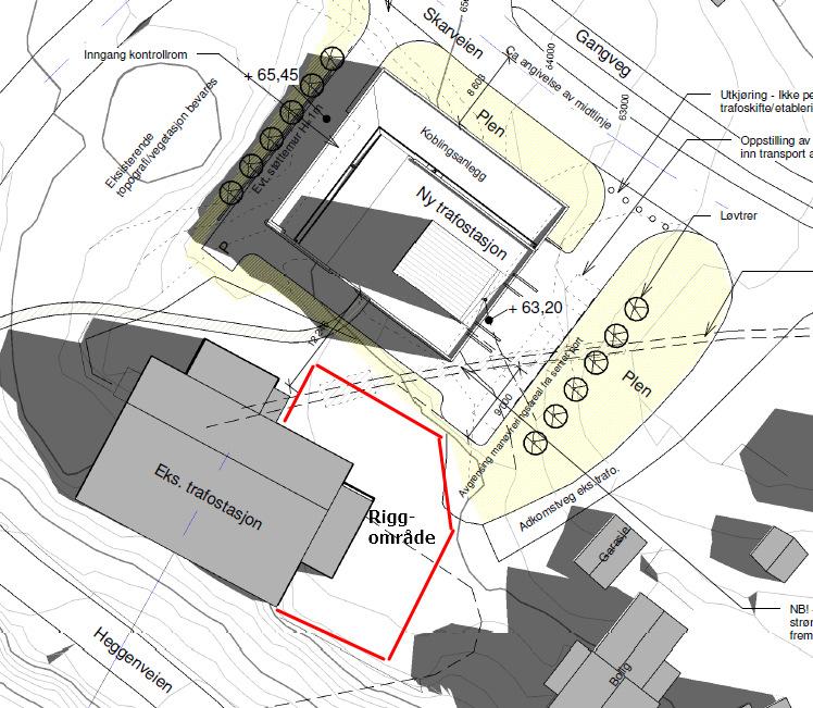 Riggplan Det vil være tilgang til spiserom, garderobe og toalett i rigg som etableres ved eksiterende trafostasjon. Etablering av denne riggen inngår i entreprise E01.