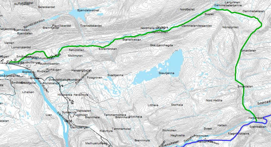 5.3 Nordmelan Gammelseteren Smørdalen (3) Lengde 8,5 km Høydeforskjell 230 meter Ønsker å anlegge en skutertrase fra Nordmelan langs Gammelsetervegen inn Nordmelandsmarka til Gammelseteren.