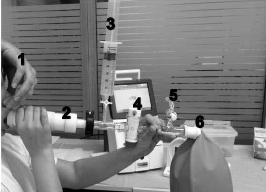 Metode Figur 3.4.1: Spirometeret som ble brukt til å måle hemoglobinmasse.1.assistent som holder for nesen, 2. Kammer for soda lime, 3. Plastspøyte med CO-gass, 4. Stoppekran, 5. Stoppekran, 6.