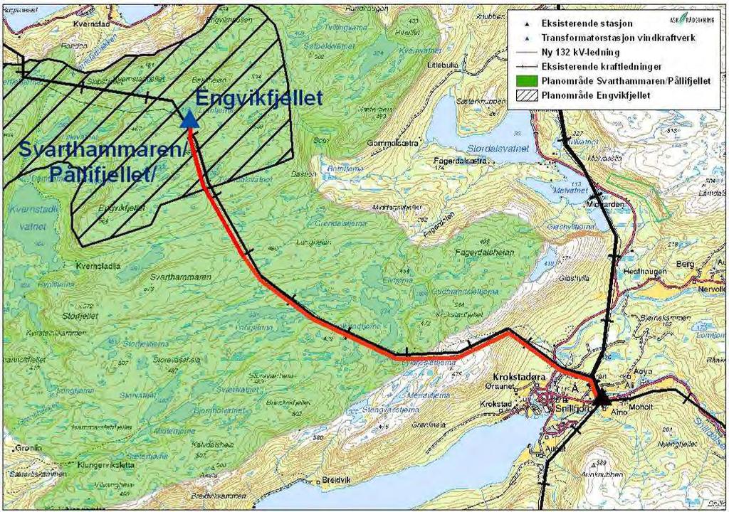 3.4.2 Svarthammaren/Pållifjellet/Engvikfjellet - Krokstadøra transformatorstasjon Ved en redusert eller trinnvis utbygging på Svarthammaren/Pållifjellet eller Engvikfjellet etableres den en ca.