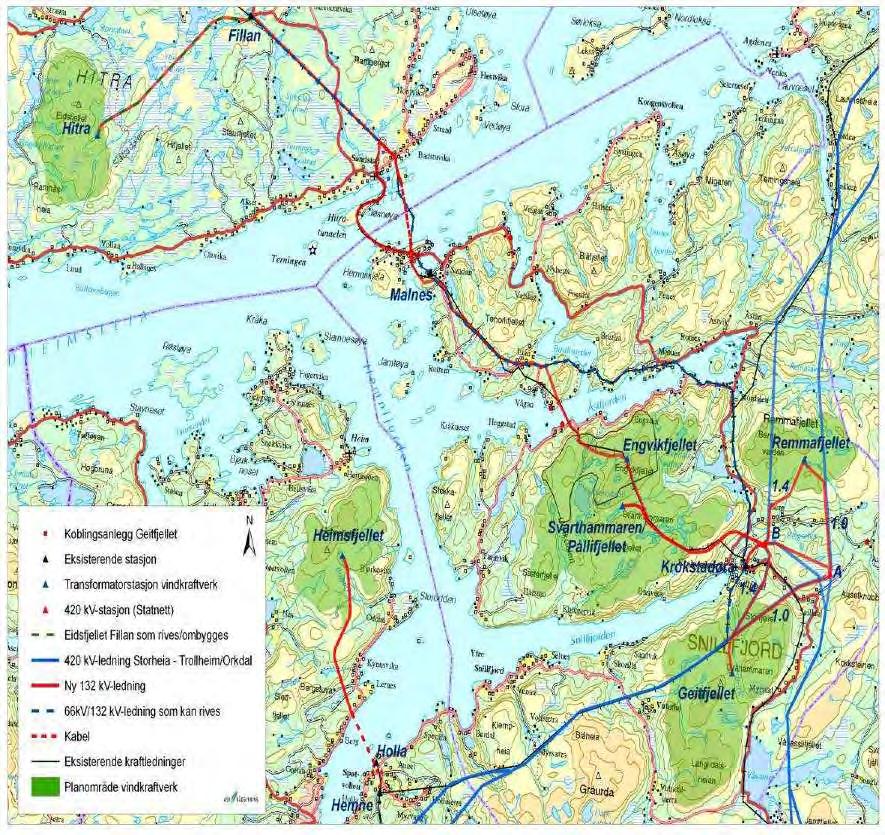 4. TILTAKSBESKRIVELSE PRODUKSJONSNETT VINDKRAFT FULL UTBYGGING Det planlegges vindkraftverk på Heimsfjellet (SAE-Vind), Geitfjellet (Zephyr, SAE- Vind), Remmafjellet (Zephyr), Hitra (SAE-Vind) og